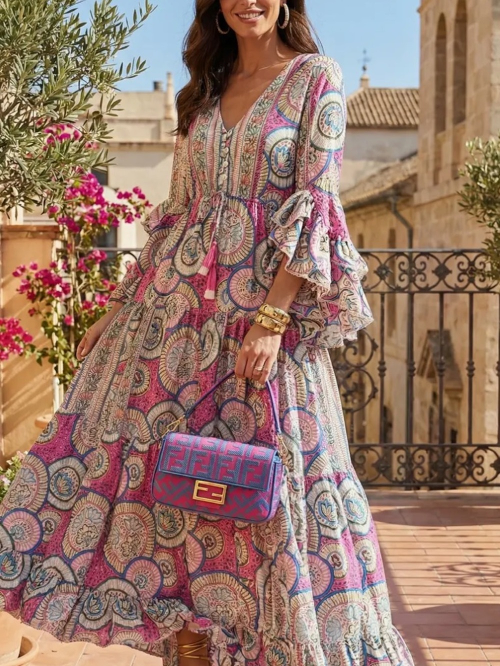 Bohemian Pink Paisley Tiered Maxi Dress with Ruffle Sleeves